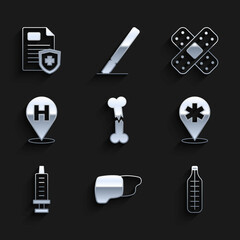 Set Human broken bone, organ liver, Medical thermometer, Location hospital, Syringe, Crossed bandage plaster and Patient record icon. Vector