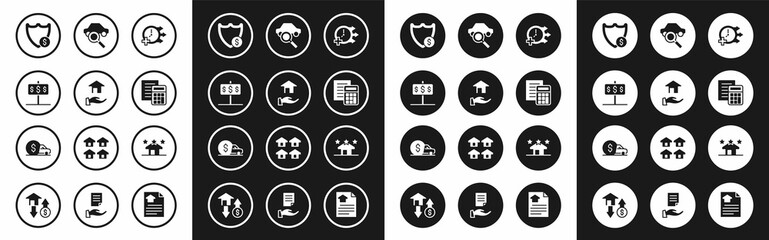 Set Clock, Realtor, House with dollar, Shield, Calculator, Car sharing, estate and rental icon. Vector