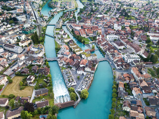 Aerial view over the city of Interlaken in Switzerland. Interlaken is one of most popular recreation and tourist destinations.