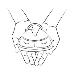 An elegant handbag lies on palms. Gifts for beautiful ladies. Concept of women's passion for sales and shopping for things. Fashion accessories for luxury lifestyle. Sketch, linear drawing