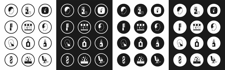Fototapeta premium Set Broken hair follicle, Barbershop building, Hairbrush, Hairstyle for men, Baldness, Shaving gel foam, Oil bottle and Mustache and beard icon. Vector