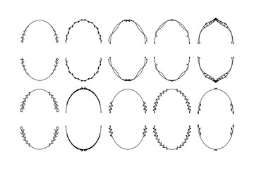 Set of hand drawn oval frames with leaves. Botanical frames for family monograms, invitations, greeting cards.