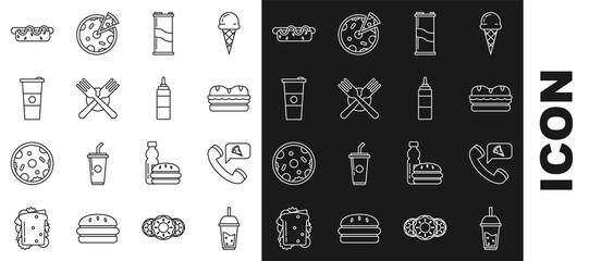 Set line Glass of lemonade with drinking straw, Food ordering pizza, Sandwich, Soda can, Crossed fork, Paper glass water, Hotdog sandwich mustard and Sauce bottle icon. Vector
