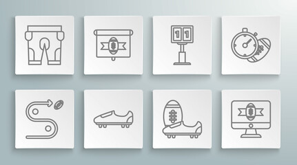 Set line Planning strategy concept, American football tv program, Soccer or shoes with spikes, Sport mechanical scoreboard and result display, Football stopwatch and shorts icon. Vector
