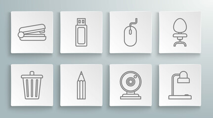 Set line Trash can, USB flash drive, Pencil, Web camera, Table lamp, Computer mouse, Office chair and stapler icon. Vector