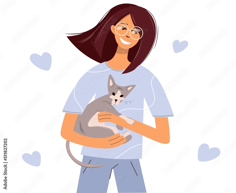 Wall mural a woman hugs a sphinx cat. happy girl with a pet friend in her arms. portrait of a cat lover. vector