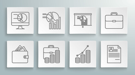 Set line Wallet with stacks paper money cash, Pie chart infographic, Briefcase and coin, Resume, Board, and Computer monitor icon. Vector