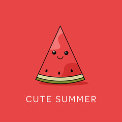 A cute piece of watermelon in kawaii style. Cute Summer lettering. Summer theme. Vector illustration.