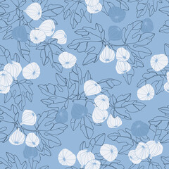 Seamless repeating pattern. Fig tree branches with fruit in toile de jouy style. Outlined monochrome vector illustrations on blue background for surface design and other design projects