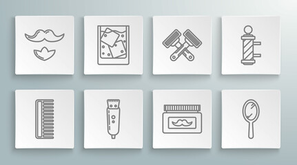 Set line Hairbrush, Electrical hair clipper or shaver, Cream lotion cosmetic jar, Hand mirror, Crossed shaving razor, Classic Barber shop pole and Mustache beard icon. Vector