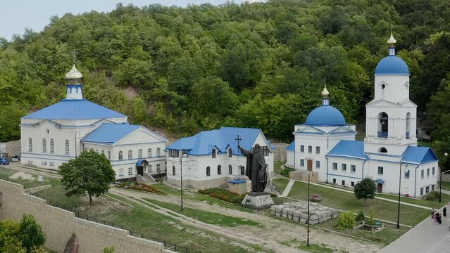 Makaryevsky men Monastery on the banks of the Sviyaga and the Volga River. Christianity and Orthodoxy. A picturesque peaceful place on the water. Forest hills. Pilgrimage and Diocese. Drone footage. 