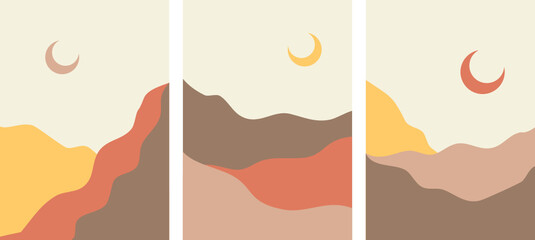 Set of Boho Minimalist Mountains Vector Posters with Warm Earthy Tones