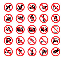 Set of prohibition icons. Prohibition warning. Red circle with oblique line. Vector illustration