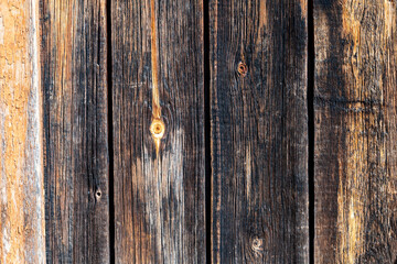 Brown wooden wall background. Raw wood texture. Rustic disks with knots pattern. Countryside architecture wall.
