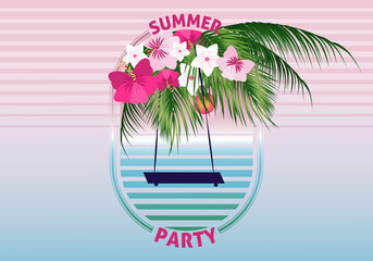 Summer Vibes poster template. Flyer design with summer landscape.Tropical sunset. Palm swing.