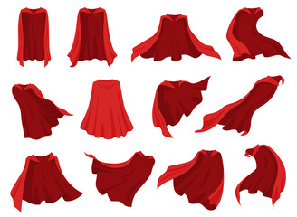Red superhero cape. Silk cloak with red fabric in different positions. Vector illustration - obrazy, fototapety, plakaty