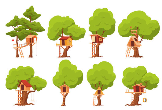 Set of tree houses. The childrens house is built on a tree. Childrens games in nature. Vector illustration