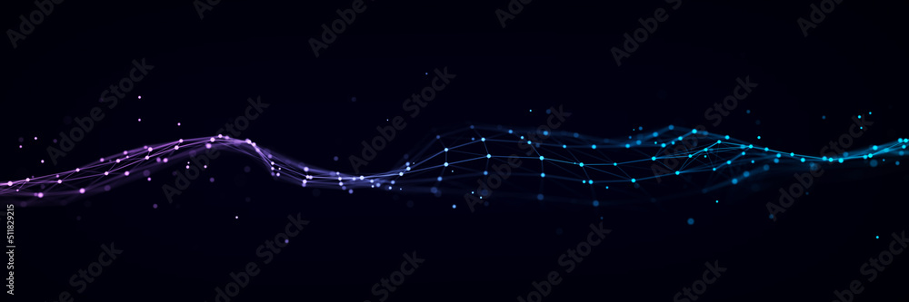 Poster futuristic dynamic wave with connected particles. abstract double background color flow. technologic