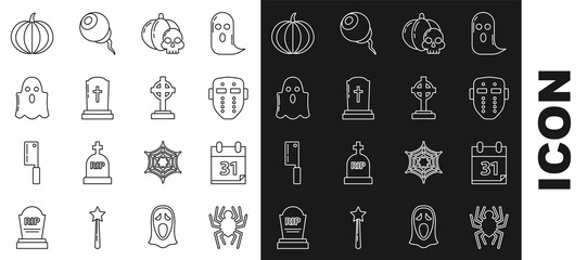 Set line Spider, Calendar with Halloween date 31 october, Hockey mask, Pumpkin and skull, Tombstone cross, Ghost, and icon. Vector