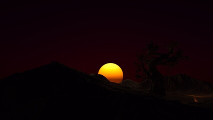 silhouettes of mountains and a lonely tree at a dark sunset 3d-rendering
