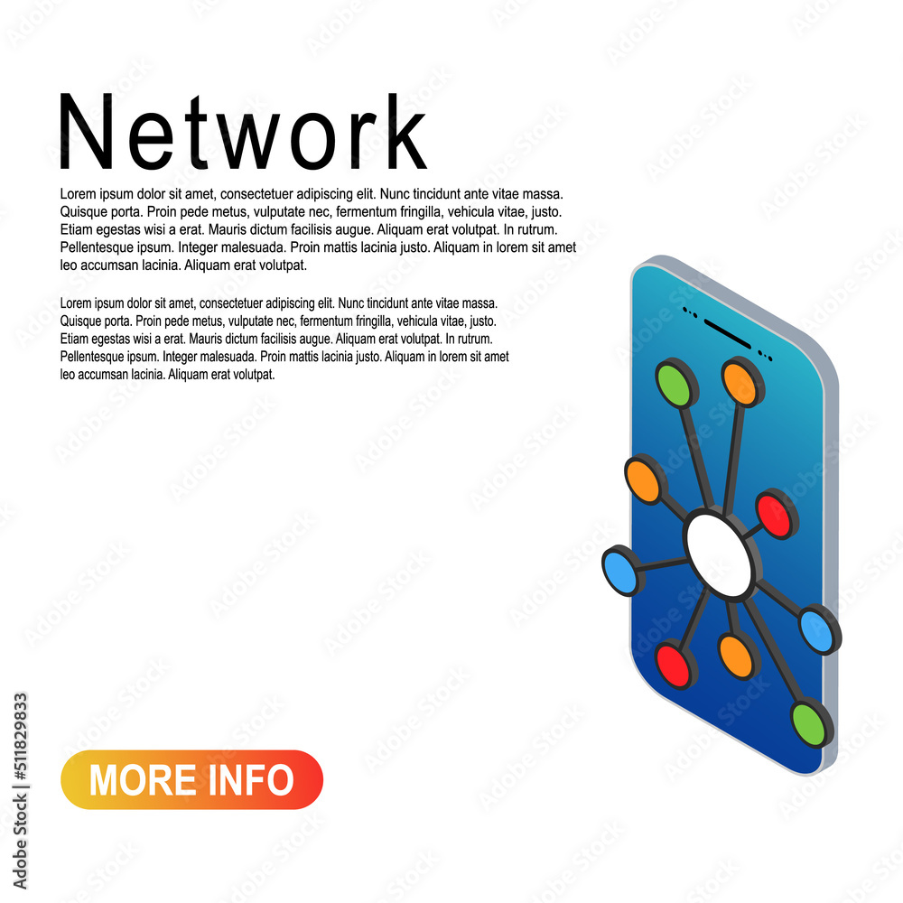 Poster hub isometric network icon, connect structure vector symbol isolated on color background, technology