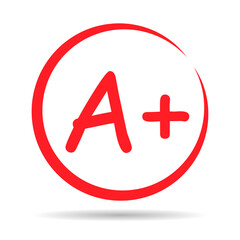 Grade result A plus with shadow. Hand drawn icon in red color. Test exam mark report vector illustration
