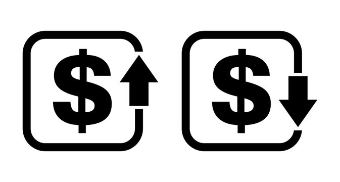 Set of cost symbol dollar increase and decrease icon. Money vector symbol isolated on background