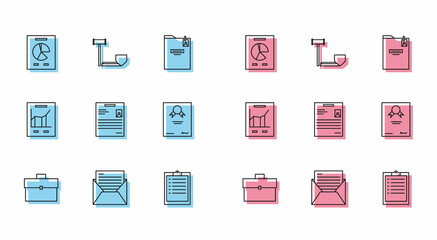 Set line Briefcase, Mail and e-mail, Document with graph chart, Clipboard checklist, Personal document, Certificate template, and Judge gavel shield icon. Vector