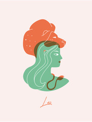 Leo zodiac sign card. Female green silhouette with a lion on her head. Vector illustration of an astronomical sign with a girl isolated. Horoscope with zodiac Leo.