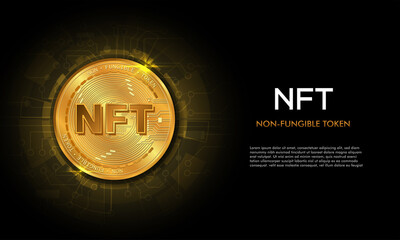 Non fungible token NFT.Technology background with circuit.NFT logo.Crypto currency concept.