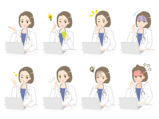 パソコンで作業する女性医師の表情イラスト素材セット
