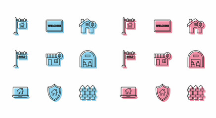 Set line Laptop and smart home, House with shield, Hanging sign text Sale, Garden fence wooden, dollar symbol, Warehouse, Sold and Doormat the Welcome icon. Vector