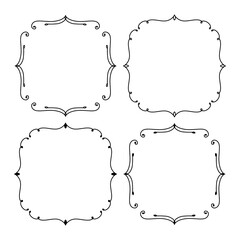 Set of 4 square floral frames. Silhouette and outline hand drawn frames with leaves isolated on white background. Doodle frames for invitations, greeting cards, web.