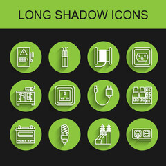 Set line Car battery, LED light bulb, Electrical panel, Nuclear power plant, outlet, Power station and factory and Charger icon. Vector