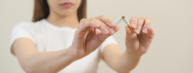 Quit, stop smoking, addiction asian young woman, girl refusing cigarette, smoker quitting smoke,...