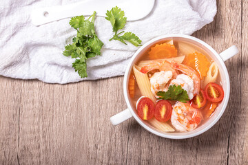 Shrimp and Vegetable Macaroni Soup in White Bowl