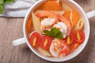 Shrimp and Vegetable Macaroni Soup in White Bowl