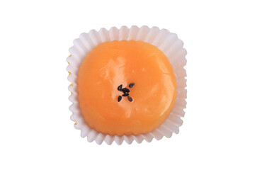 Chinese Pastry Mooncake round with salted egg filling on white background.