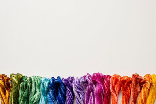 Mouline threads. Colorful cotton craft threads on white background.