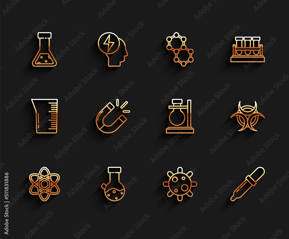 Sticker Set line Atom, Test tube and flask chemical, Bacteria, Pipette, Magnet, Biohazard symbol and on stand icon. Vector