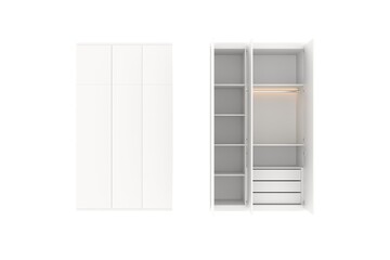 3D rendering white wardrobe cabinet, drawers inside and warm white lighting.