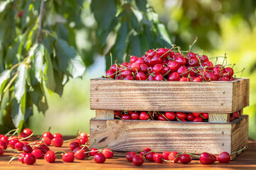 ripe cherries in crate on wooden table outdoors