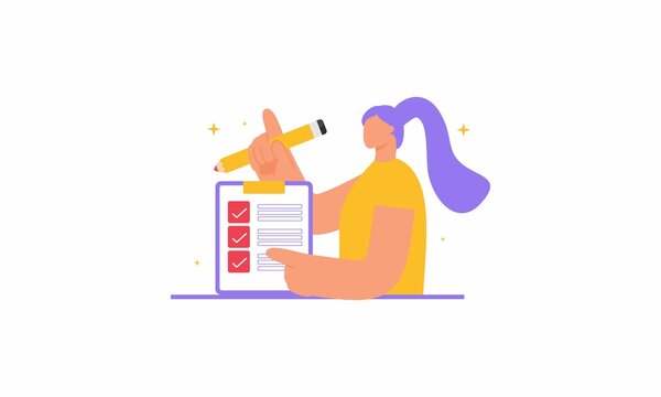 Task done business concept with tiny person with megaphone, pencil nearby giant clipboard complete checklist illustration