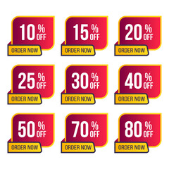red yellow order now special offer discount banner vector set big sale discount from 10 to 80 percent badges  promotion design emblem set
