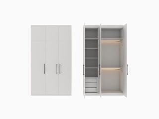 3D rendering Gray wardrobe cabinet, drawers inside, Black handle and warm white lighting.