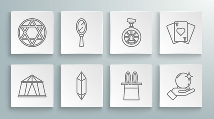 Set line Circus tent, Magic hand mirror, stone, Magician hat rabbit ears, ball, Unicycle wheel bicycle, Playing cards and Star of David icon. Vector © Oksana