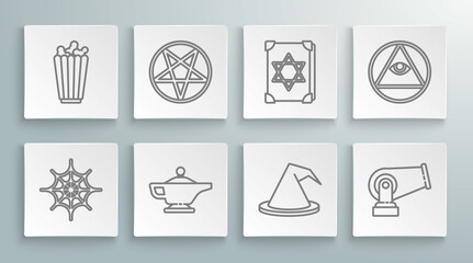 Set line Spider web, Pentagram in a circle, Magic lamp or Aladdin, Witch hat, Cannon, Ancient magic book, Masons and Popcorn box icon. Vector