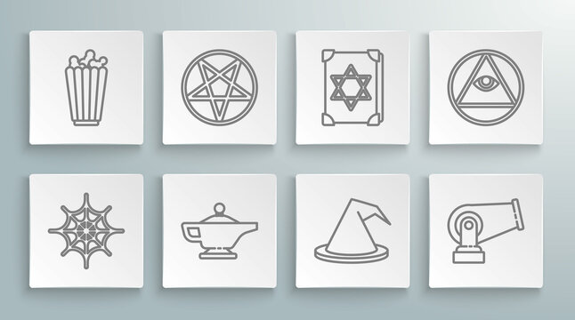 Set line Spider web, Pentagram in a circle, Magic lamp or Aladdin, Witch hat, Cannon, Ancient magic book, Masons and Popcorn box icon. Vector