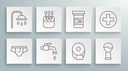Set line Underwear, Cotton swab for ears, Water tap, Toilet paper roll, Shaving brush, Medicine bottle, Cross hospital medical and Shower head icon. Vector