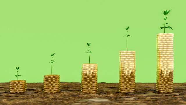 The coins are stacked on the ground and the seedlings are growing on top, the concept of saving money and financial growth. 3d rendering